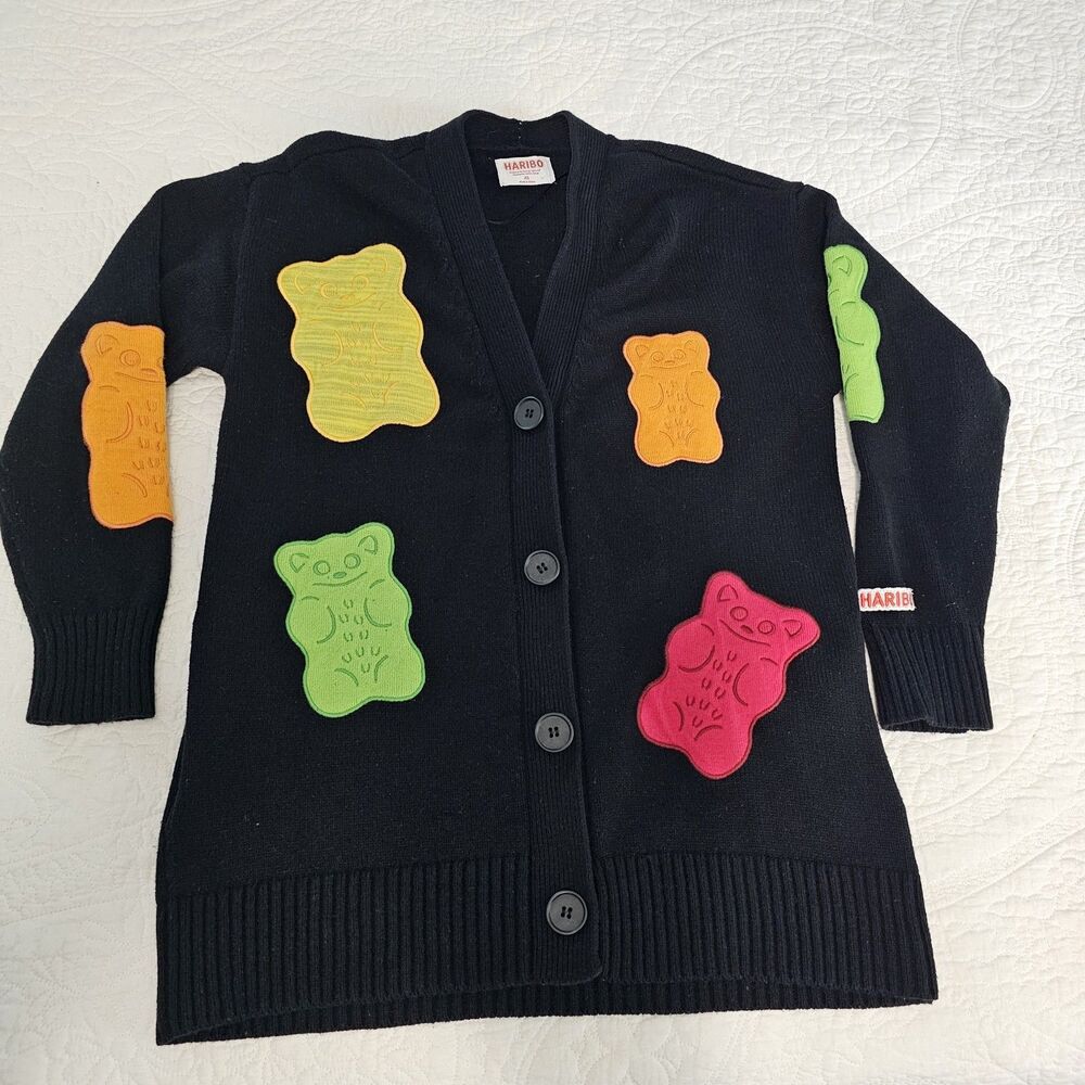 Haribo Gummy Bear Black V Neck Knit Button Down Sweater Size XS